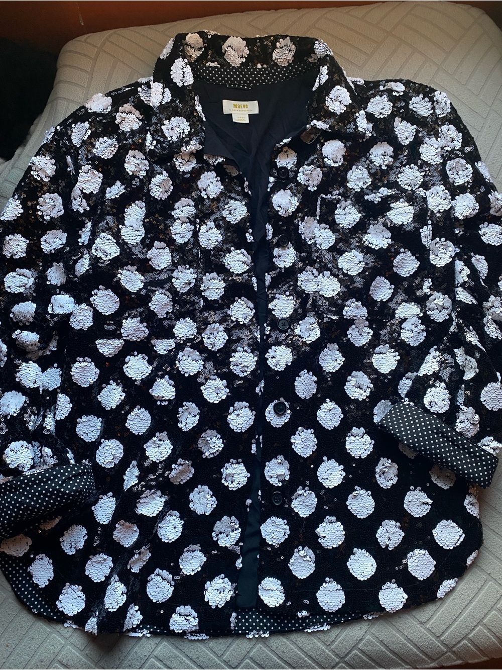 Maeve By Anthropologie Black Blazer with White Sequin Floral Dots Size Large